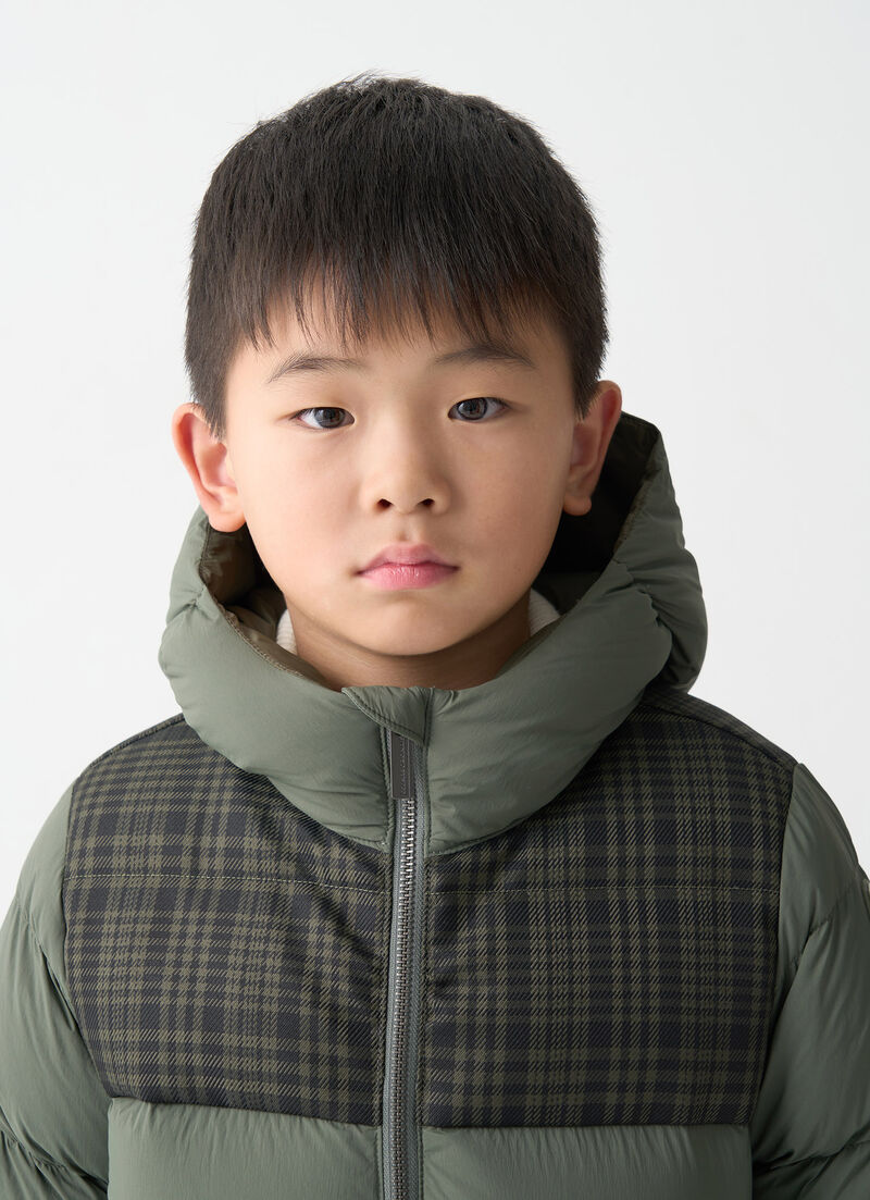 Check hooded down jacket