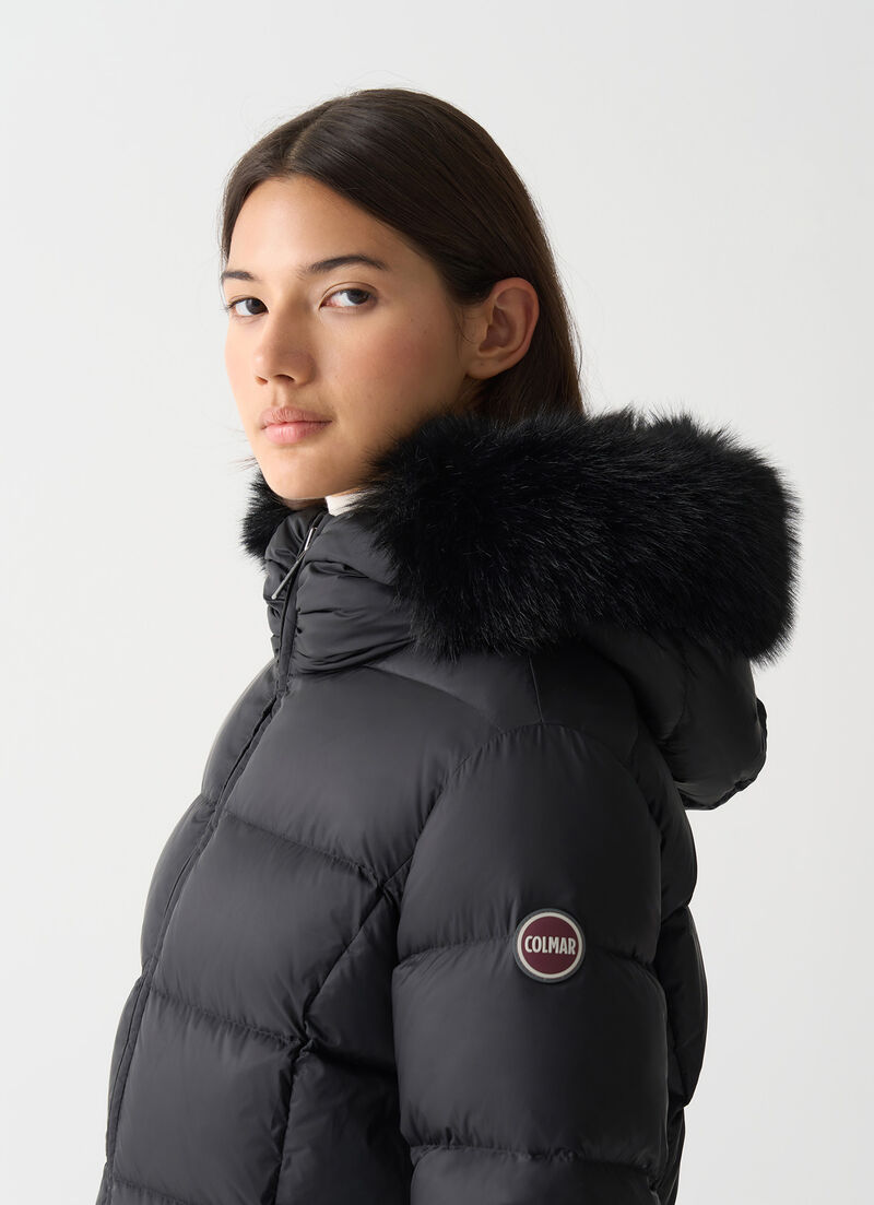 Long down jacket with faux fur