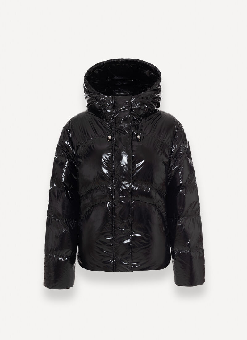 Glossy hooded down jacket