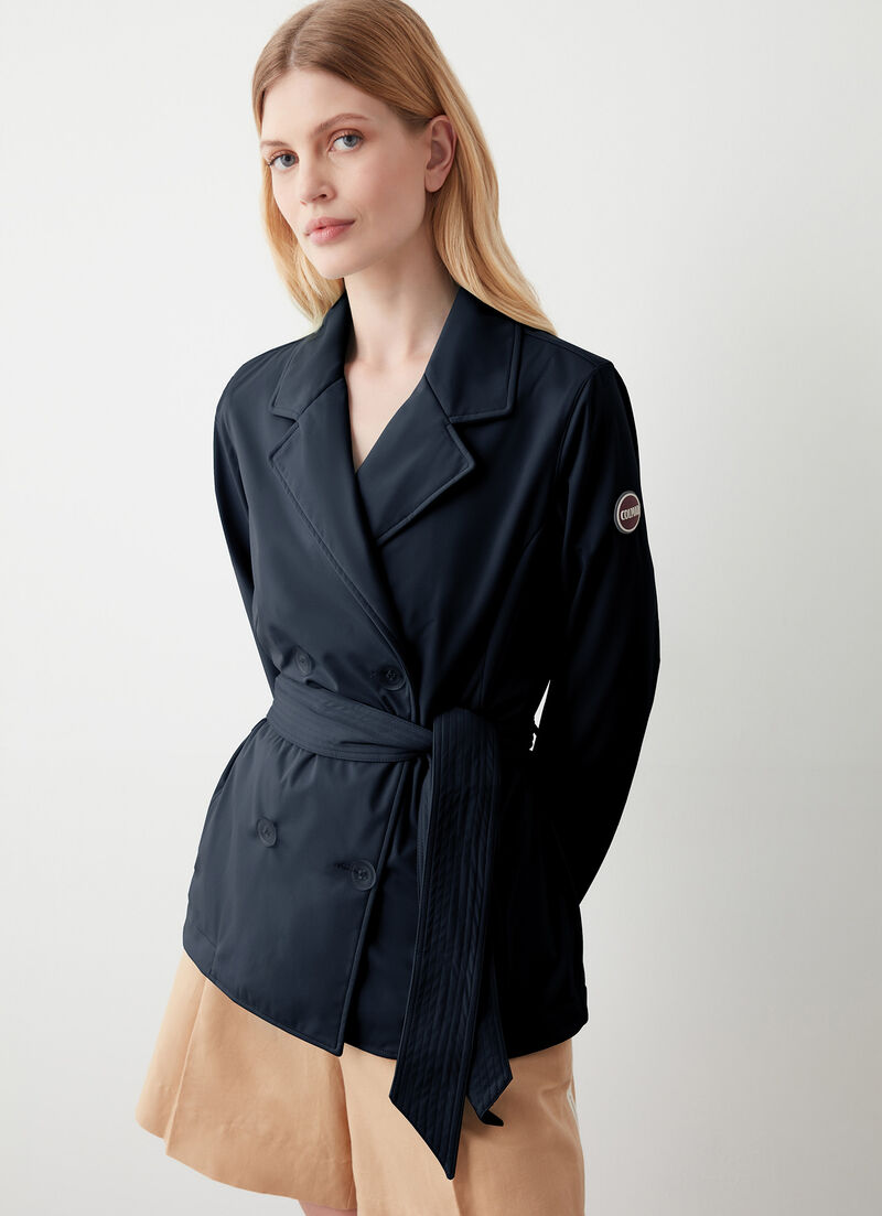 Short softshell trench coat with belt