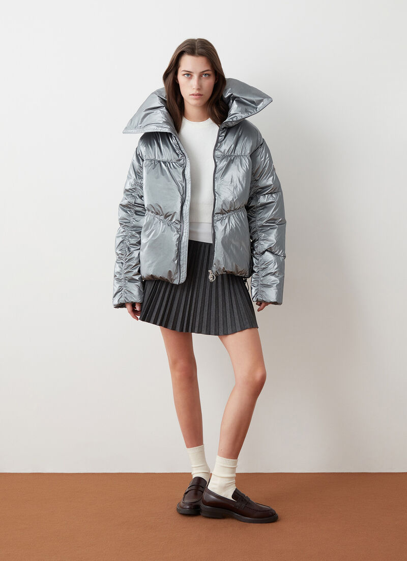 Oversized metallic-effect silver down jacket