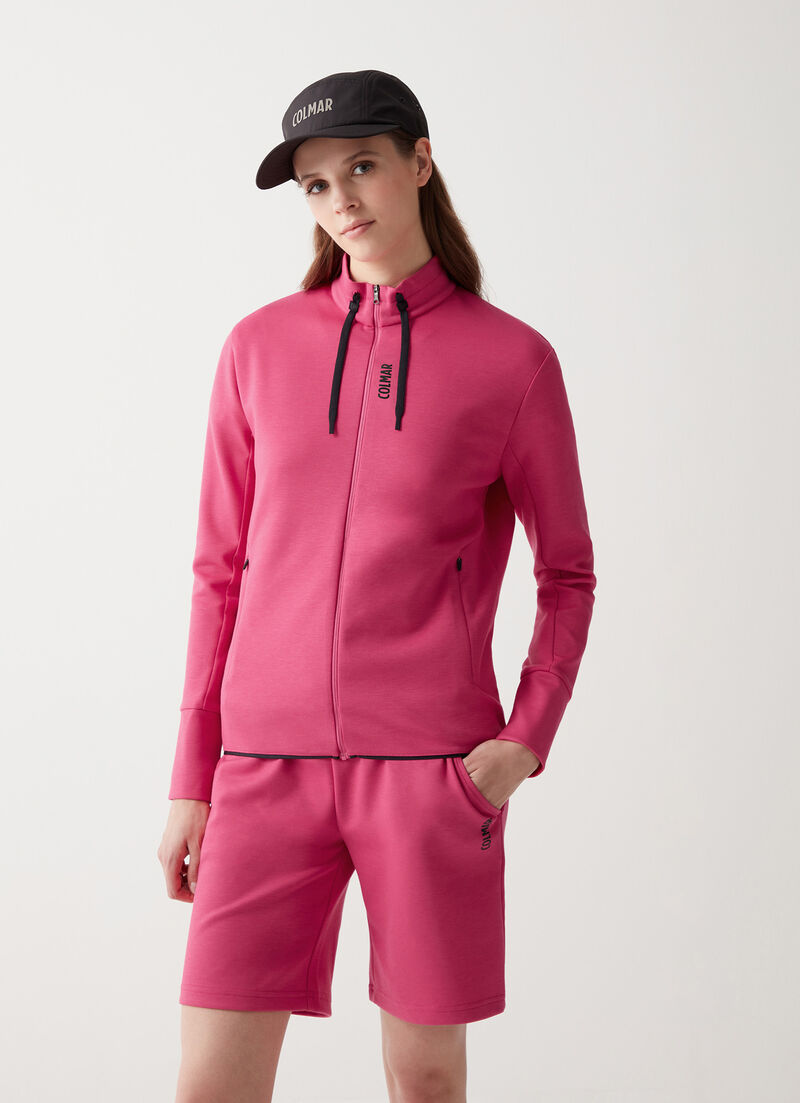 Full-zip stretch sweatshirt with drawstring neck