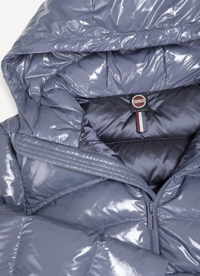 Glossy hooded down jacket with drawstring