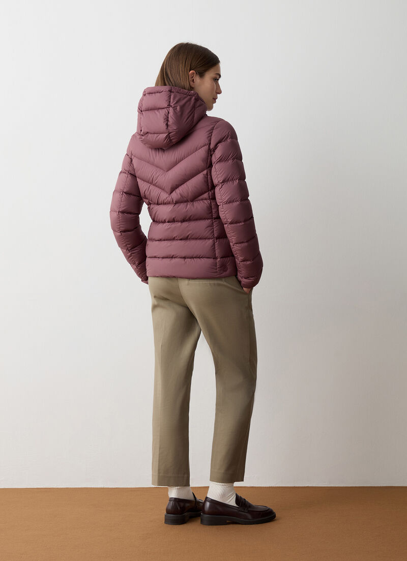 Down jacket with fixed hood in matt fabric