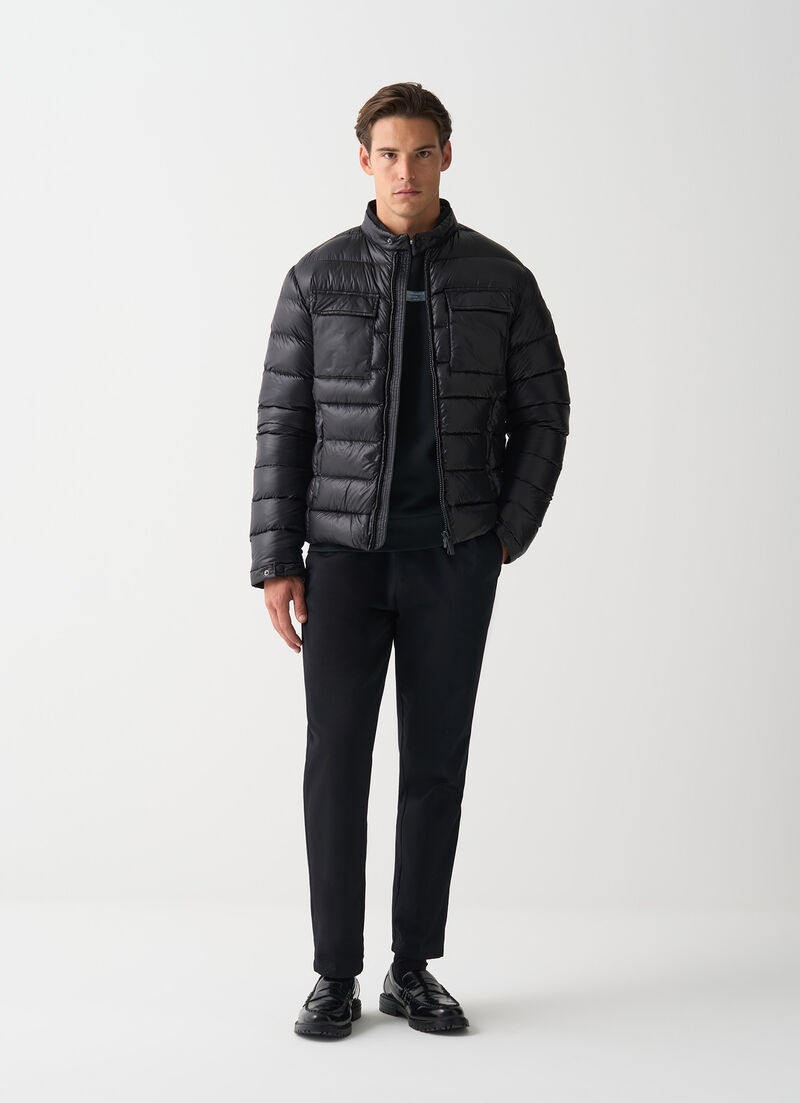 Glossy down jacket with multiple pockets