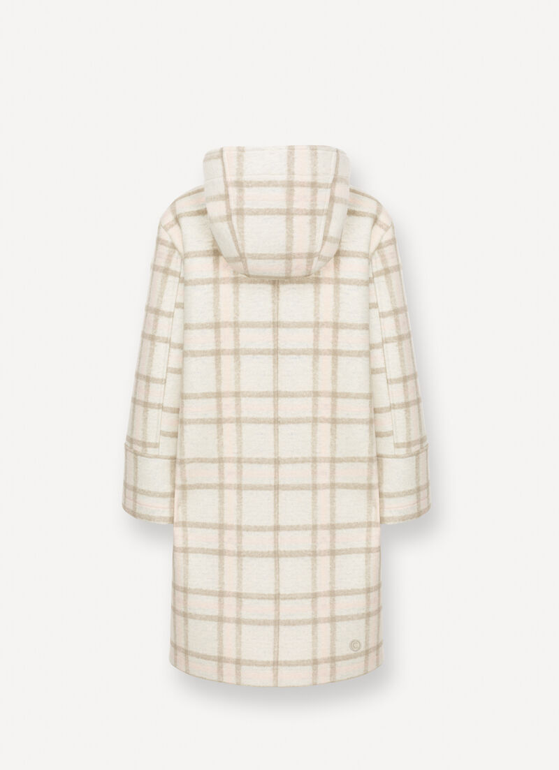 Long check hooded coat