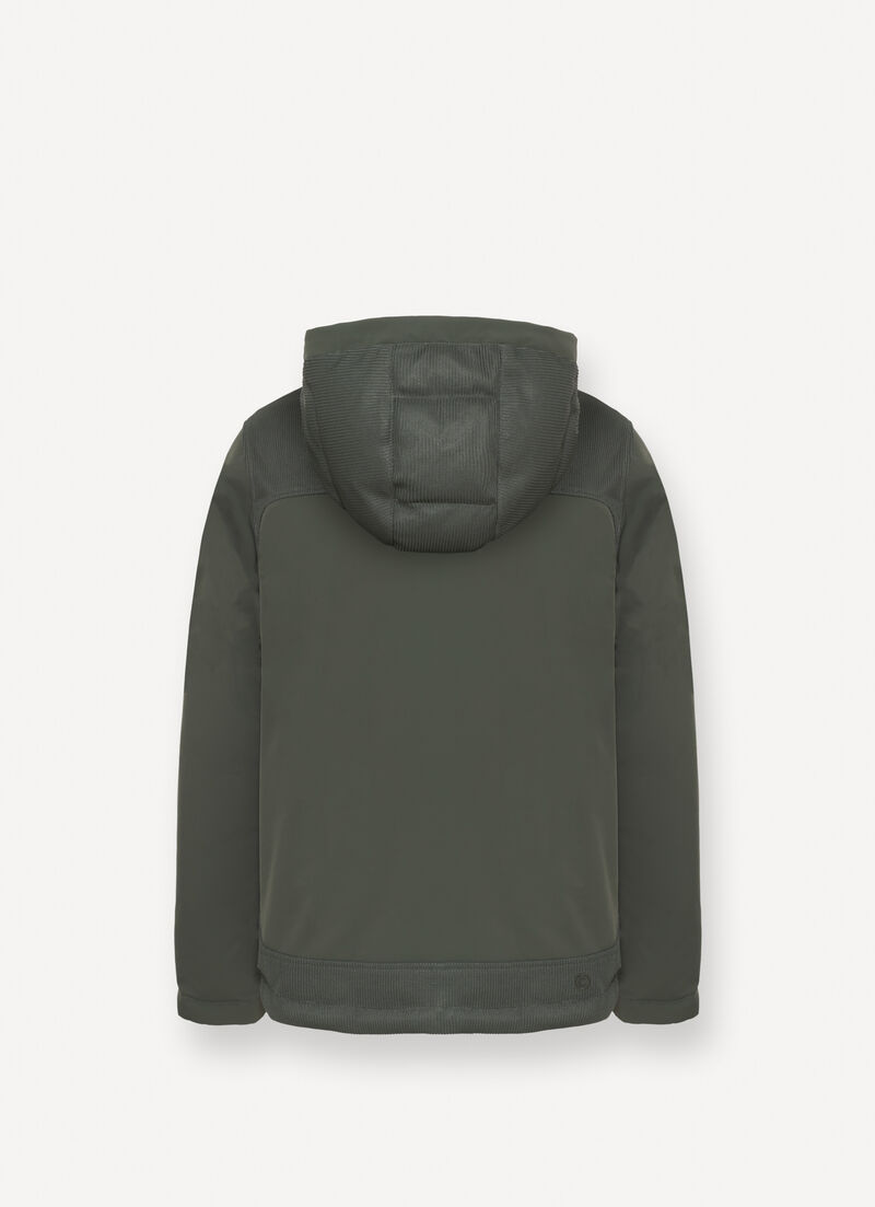 Bi-material hooded down jacket
