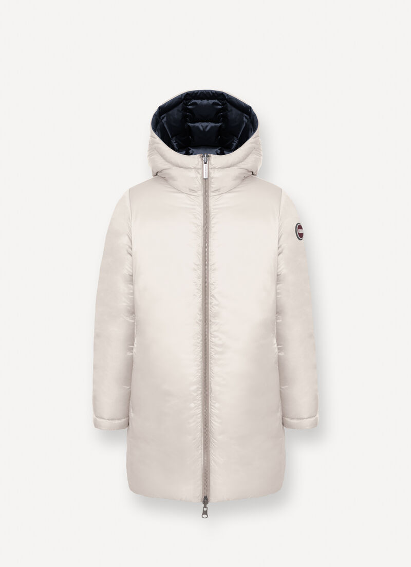 Reversible hooded mid-length down jacket