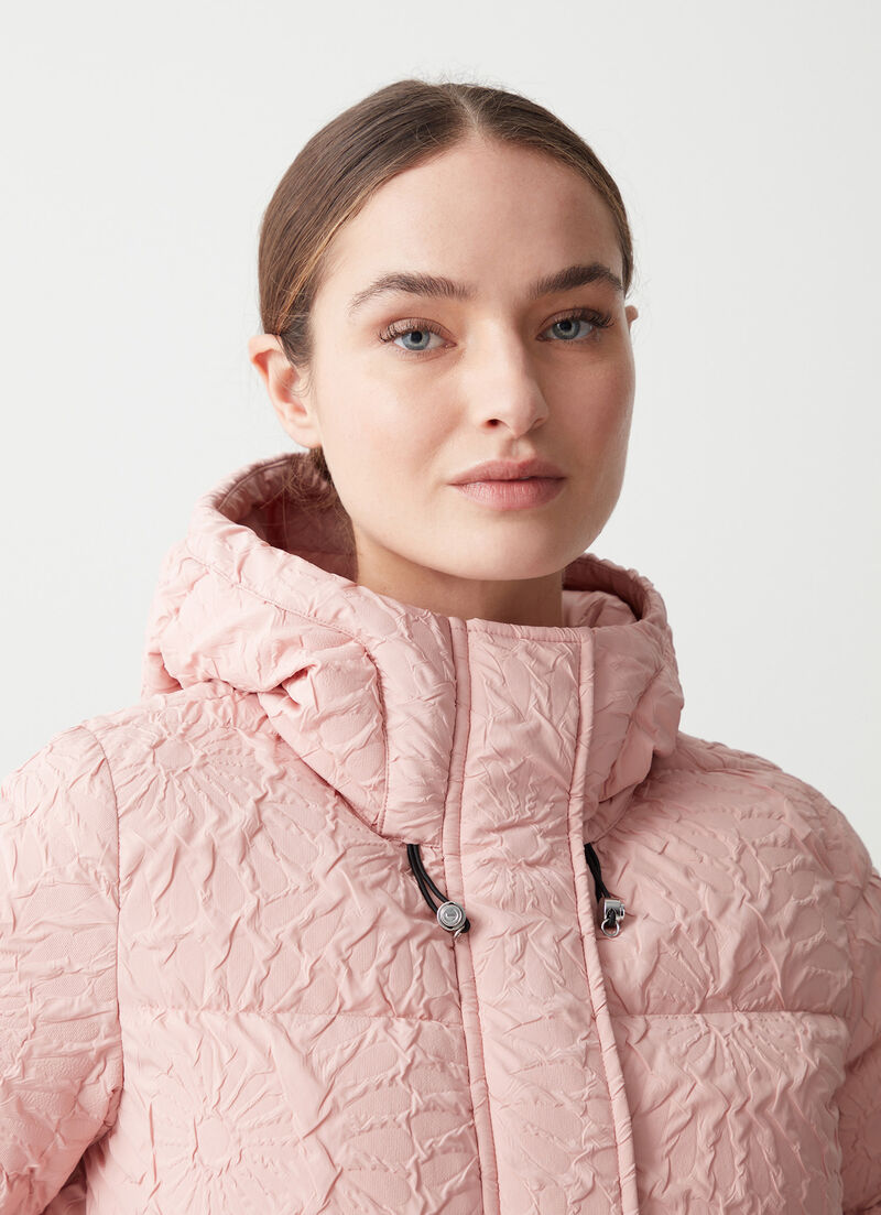 Short down jacket with 3D floral design and drawstring