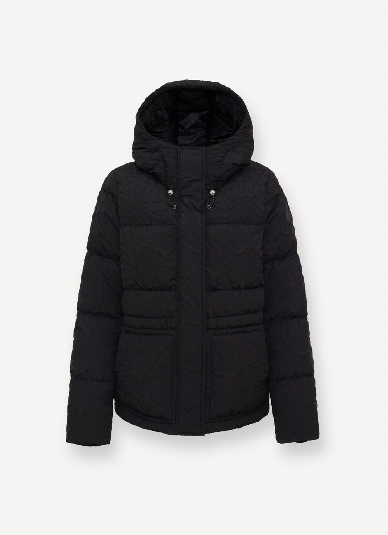 Short down jacket with 3D floral design and drawstring
