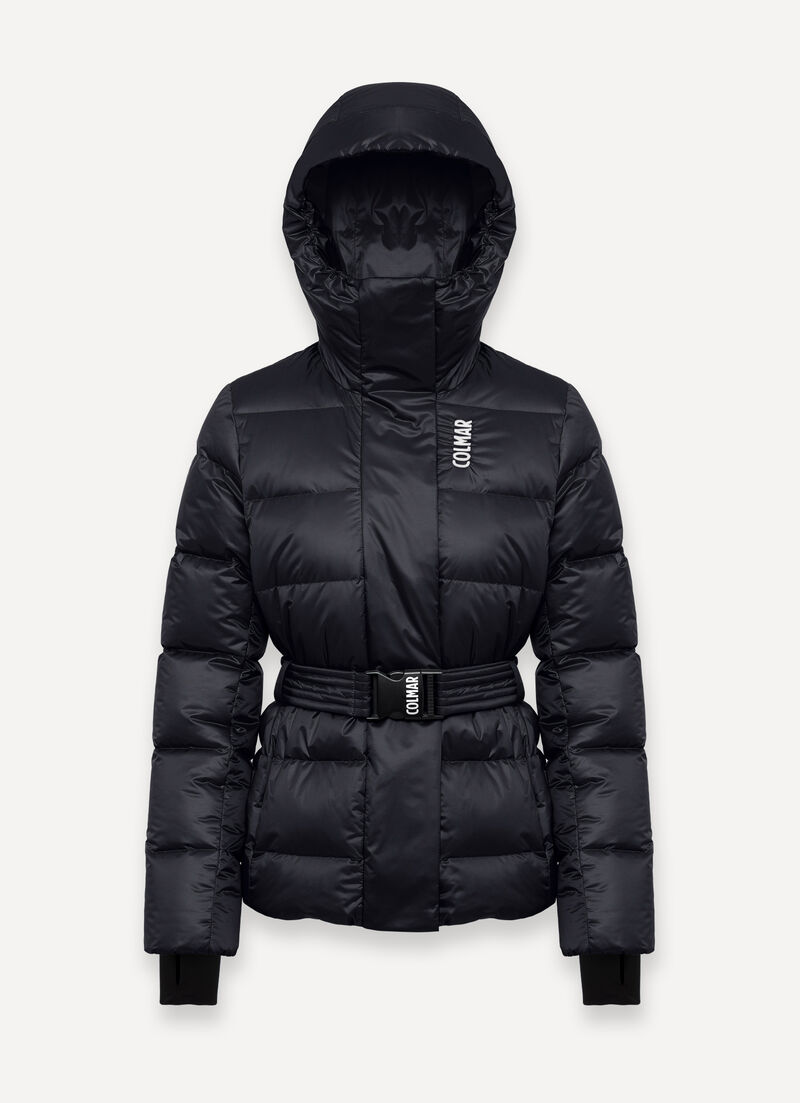 Glossy padded ski jacket with belt