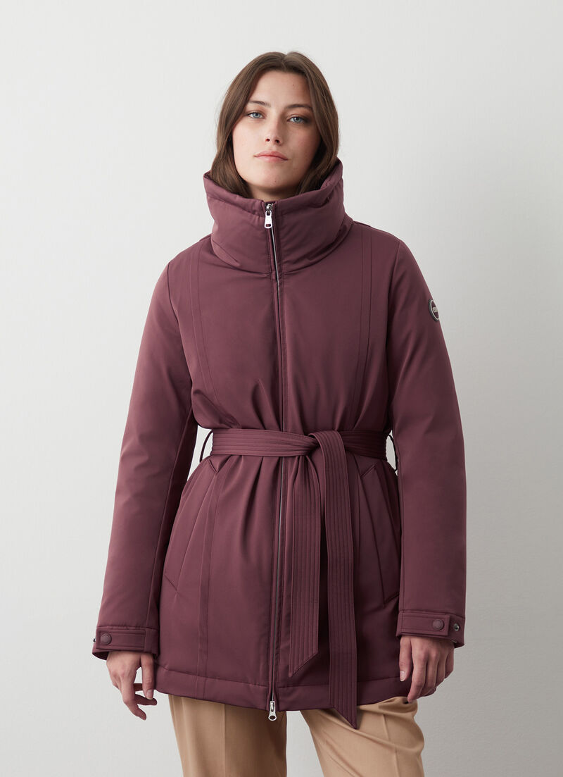 Waterproof fabric down jacket with belt