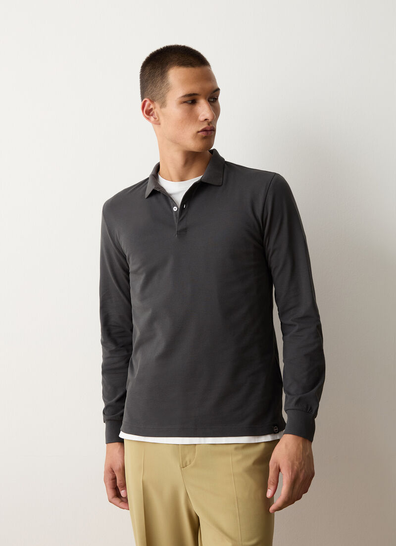 Long-sleeved polo shirt in stretch piqué
