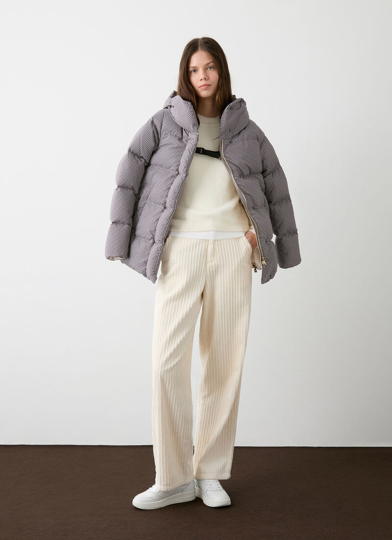 Houndstooth down jacket with maxi-hood