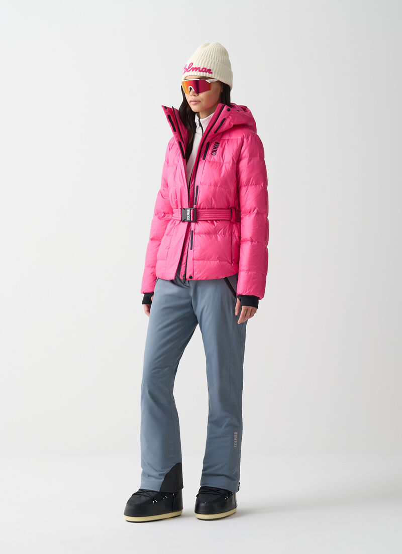 Glossy padded ski jacket with belt