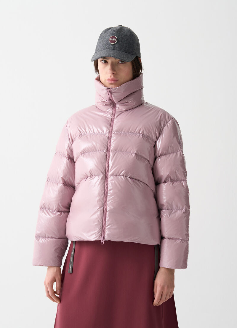Glossy down jacket with high collar