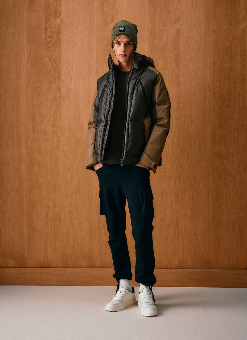 Colour-block down jacket with waxed sleeves