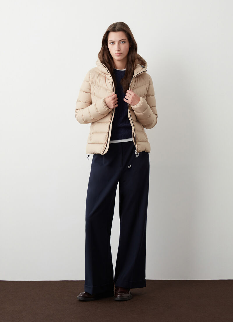 Down jacket with fixed hood in matt fabric