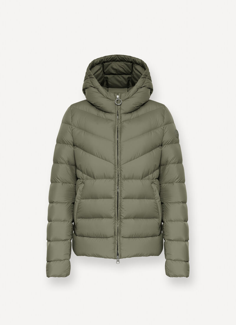 Down jacket with fixed hood in matt fabric