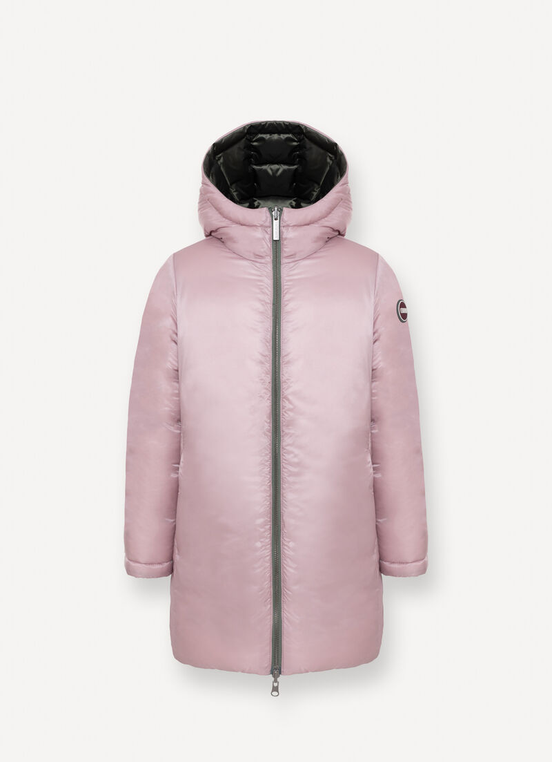 Reversible hooded mid-length down jacket