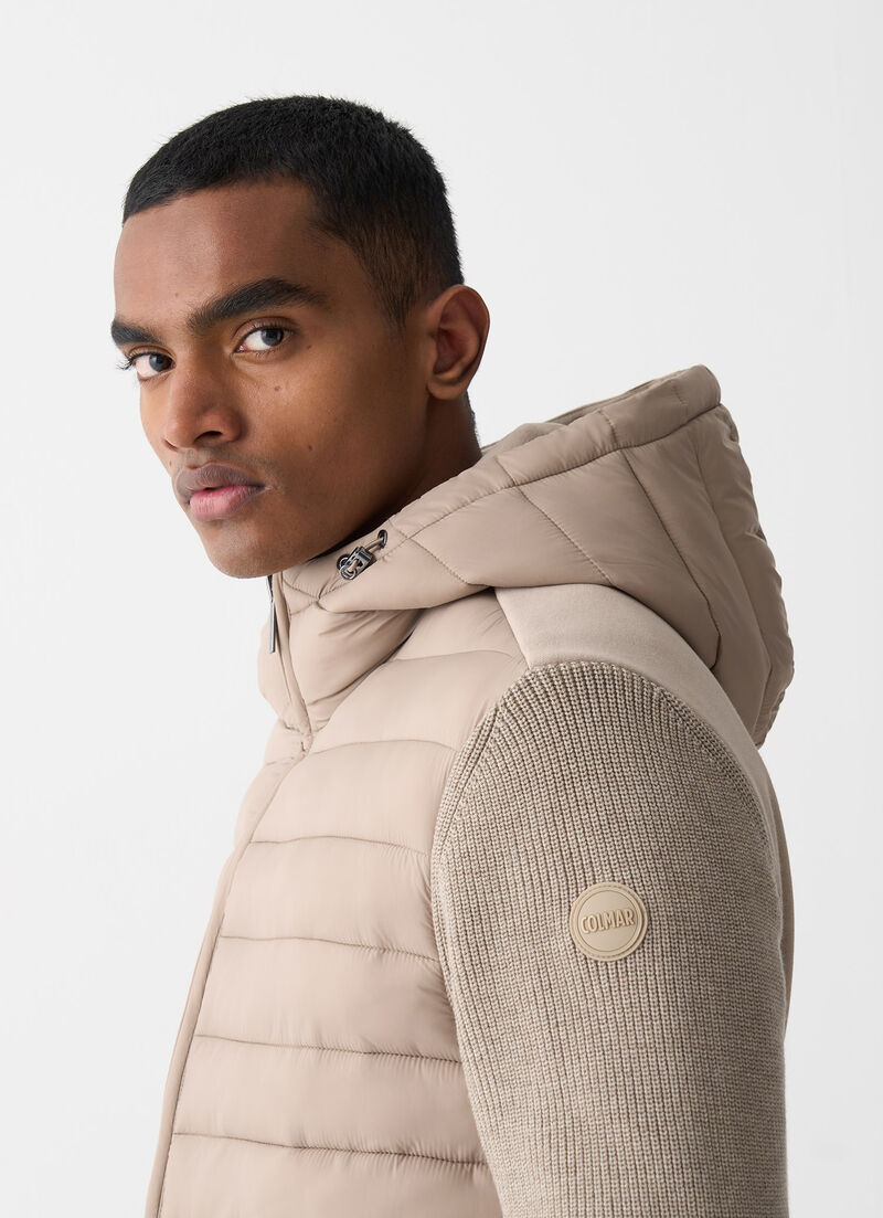 Hooded jacket with knit sleeves