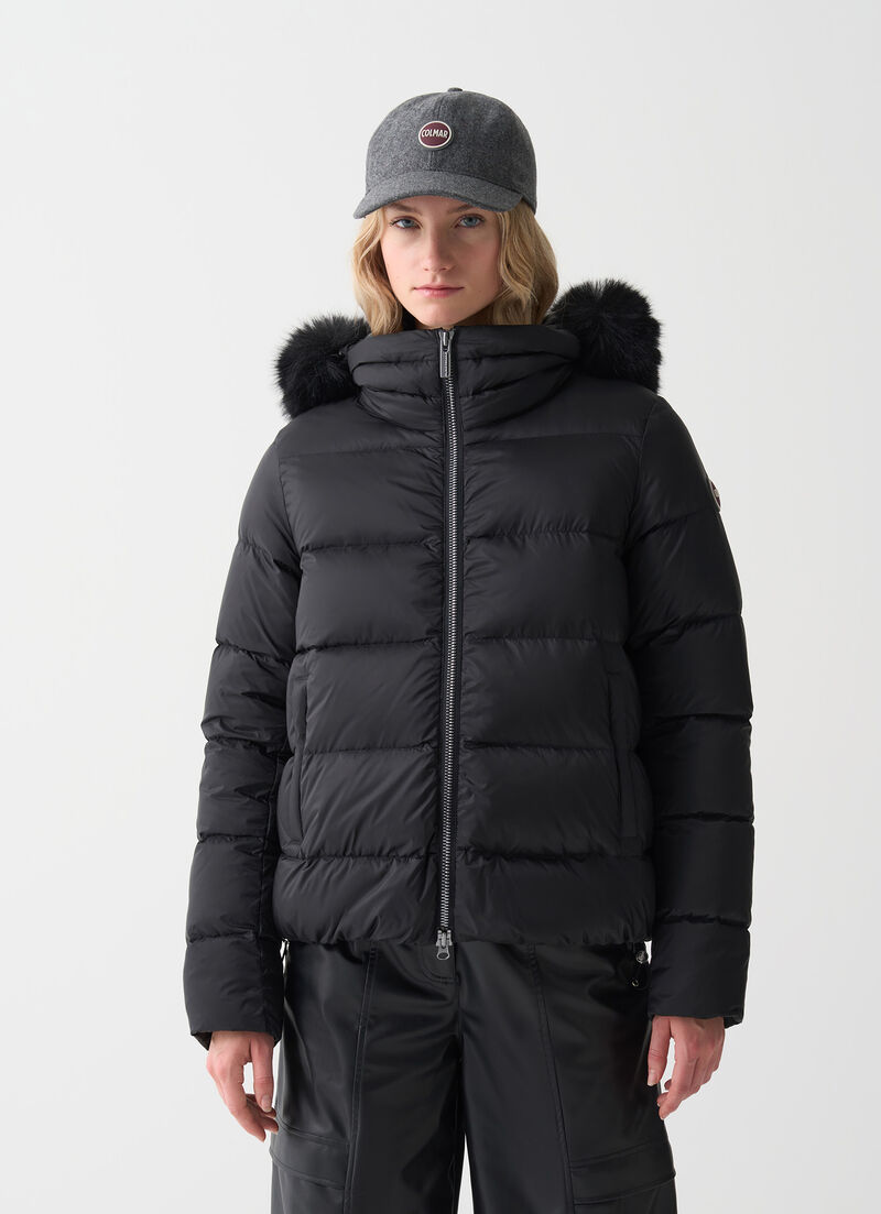 Turtle neck down jacket with faux fur