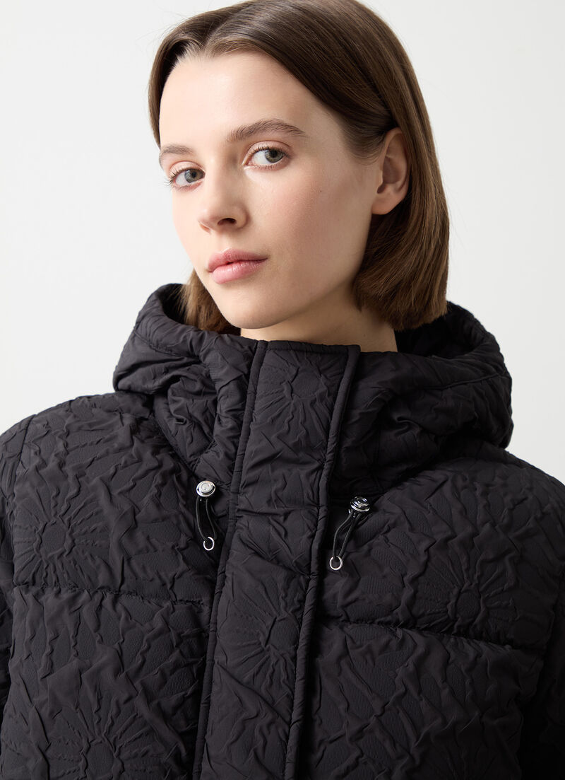 Short down jacket with 3D floral design and drawstring