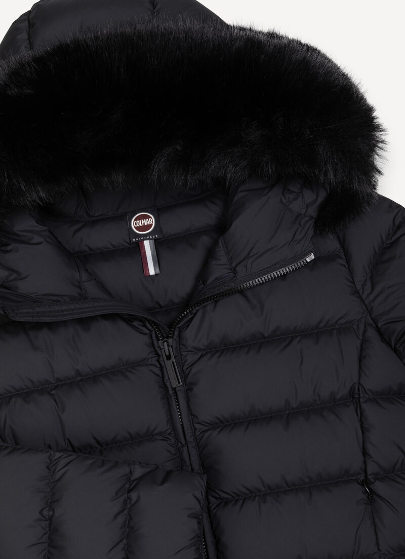 Opaque down jacket with faux fur