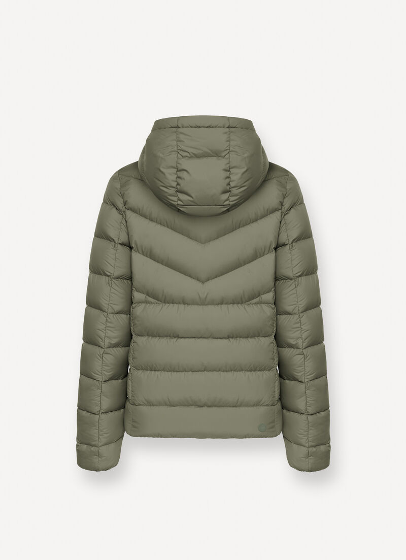 Down jacket with fixed hood in matt fabric