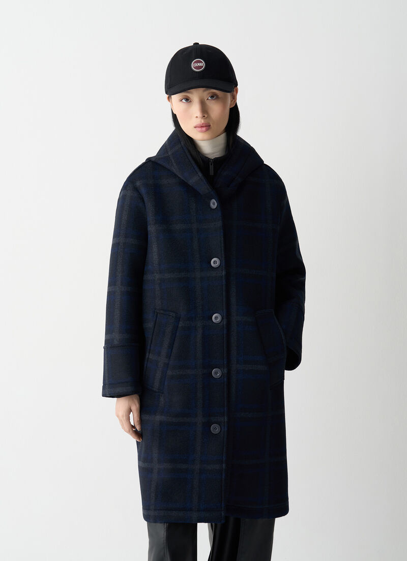Long check hooded coat