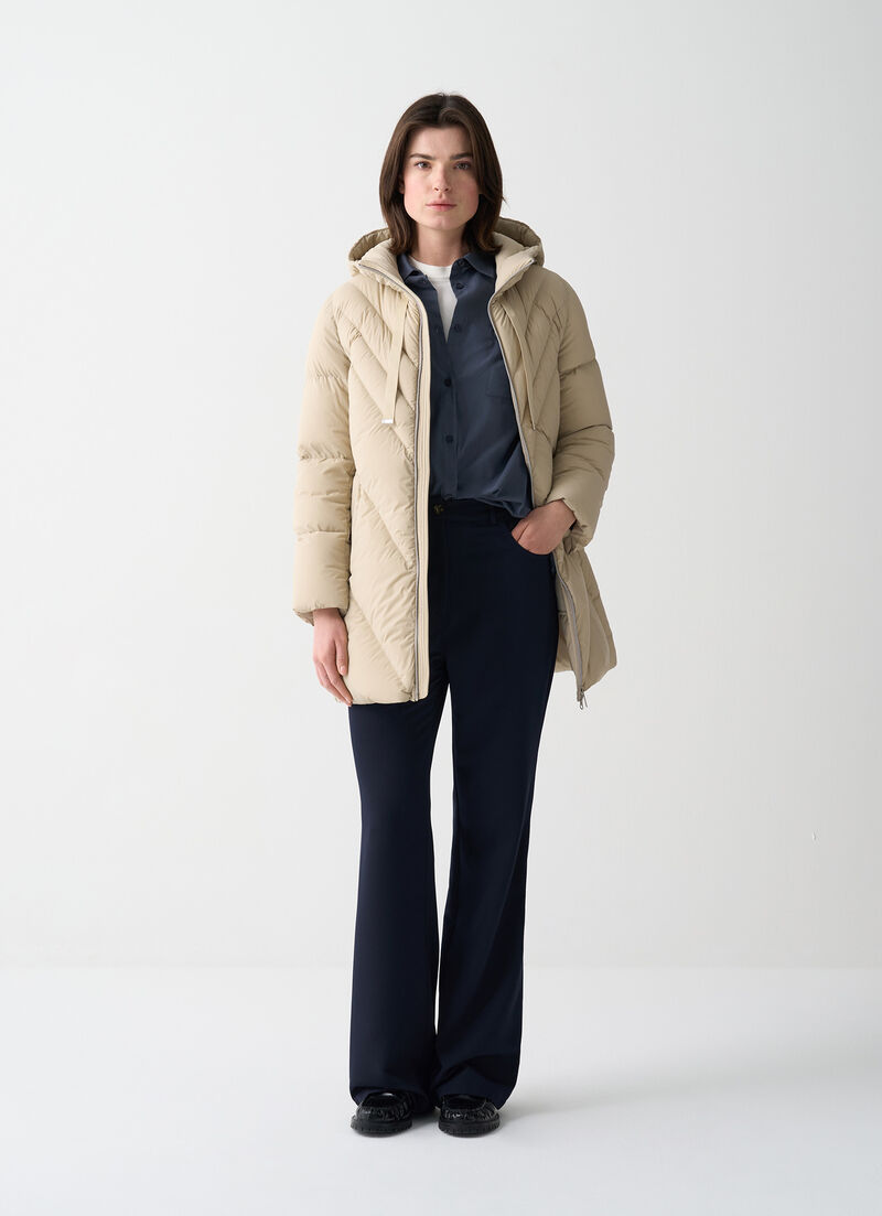Long stretch down jacket with drawstring