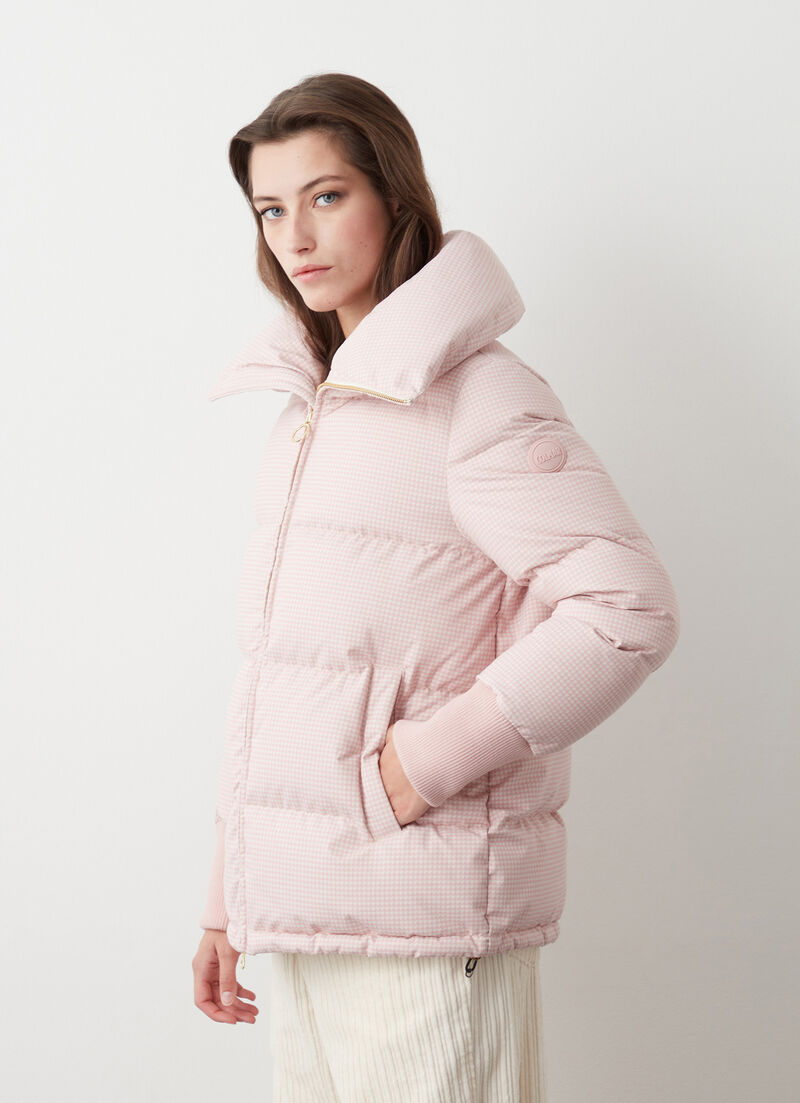 Houndstooth down jacket with knit cuffs