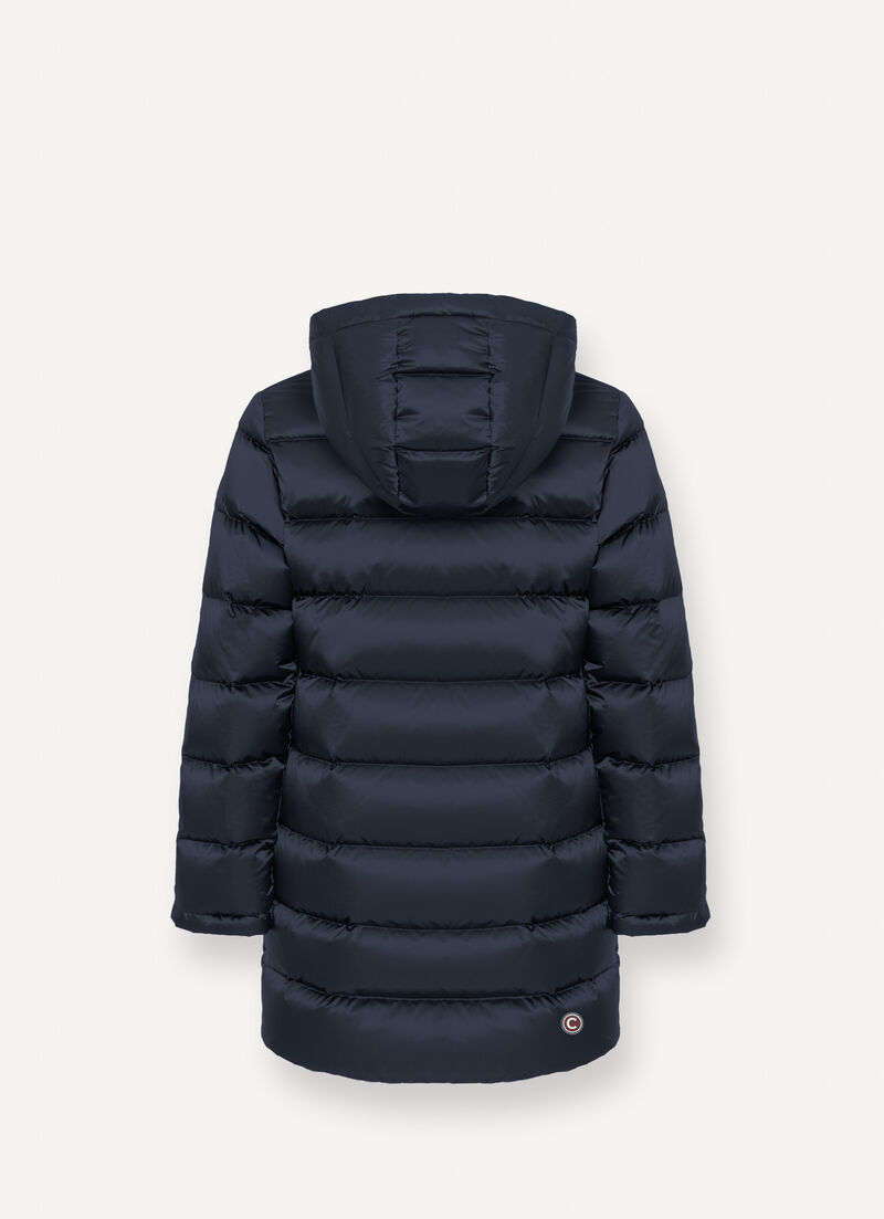 Reversible hooded mid-length down jacket