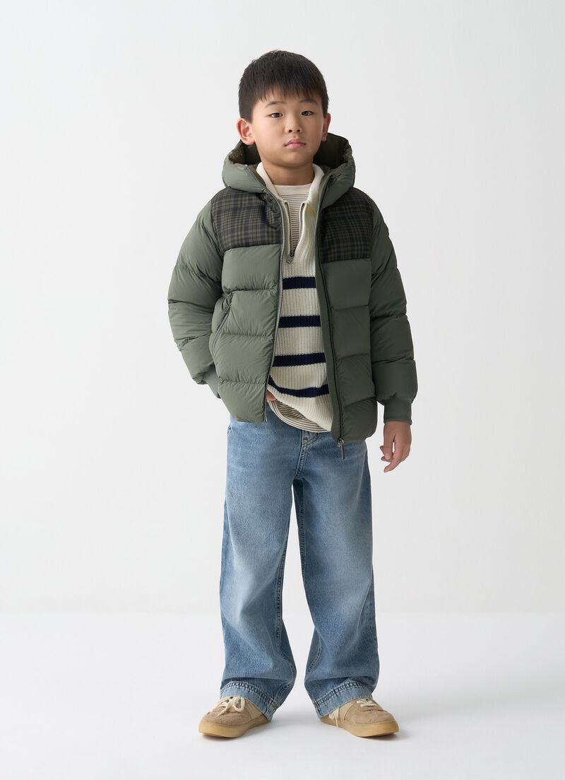 Check hooded down jacket