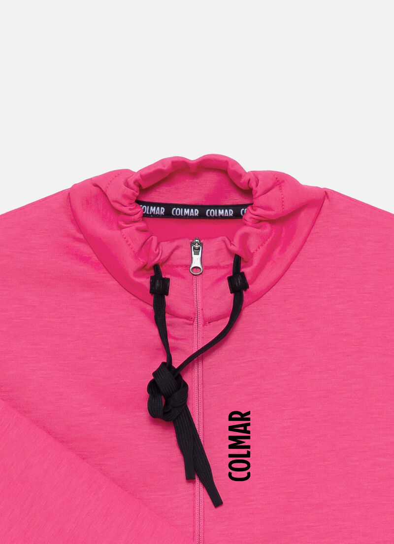 Full-zip stretch sweatshirt with drawstring neck