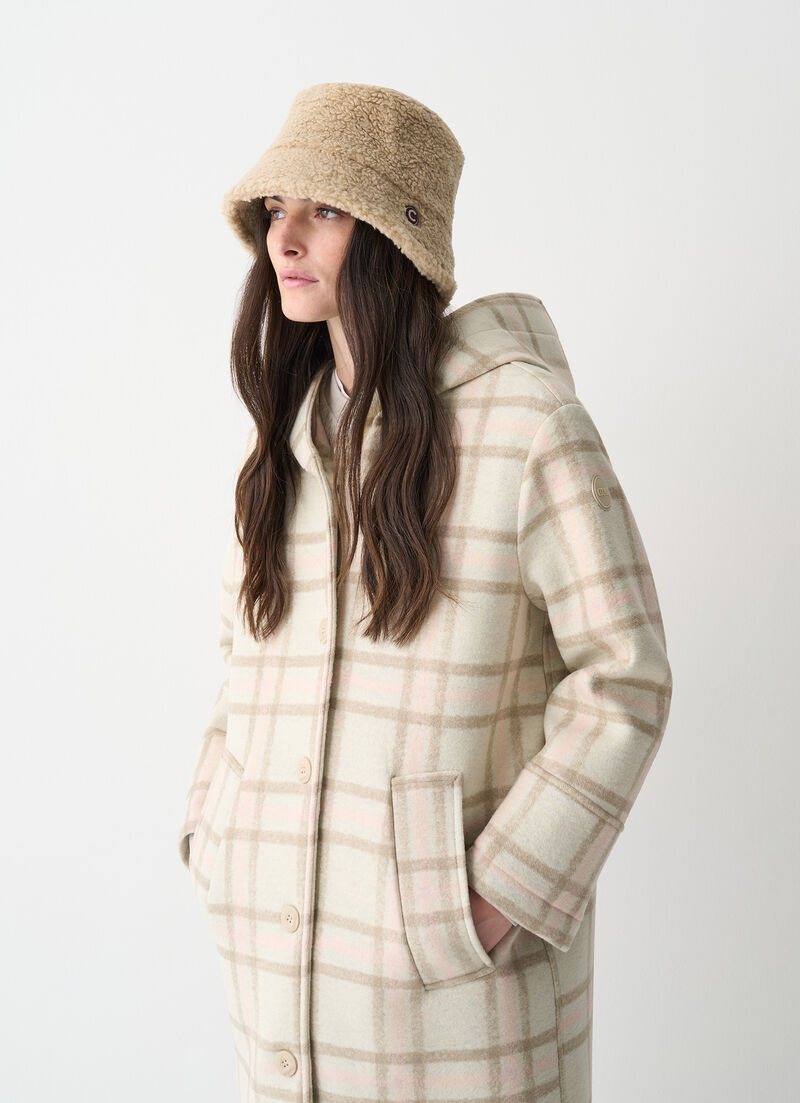 Long check hooded coat