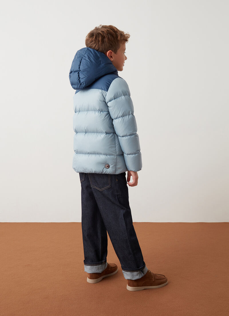 Two-tone hooded down jacket