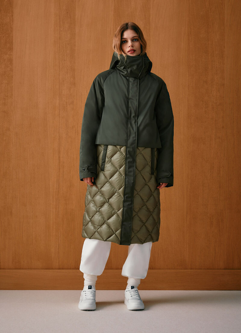 Colour-block down-padded maxi-jacket