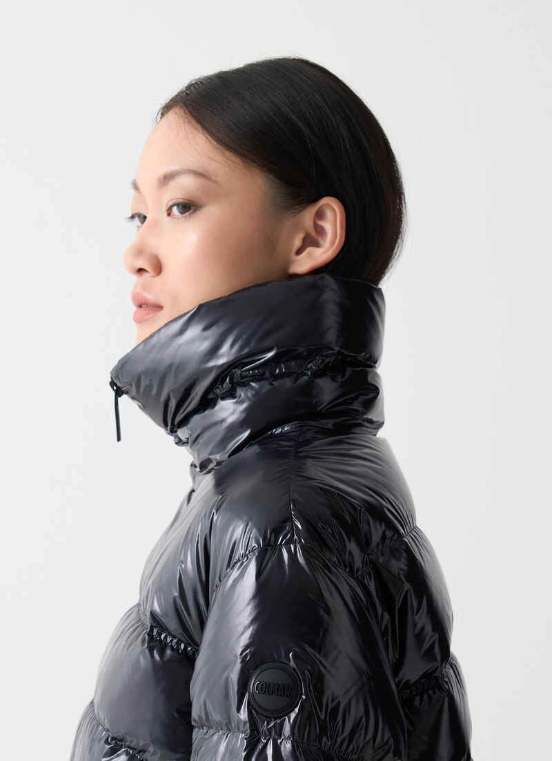 Glossy down jacket with high collar