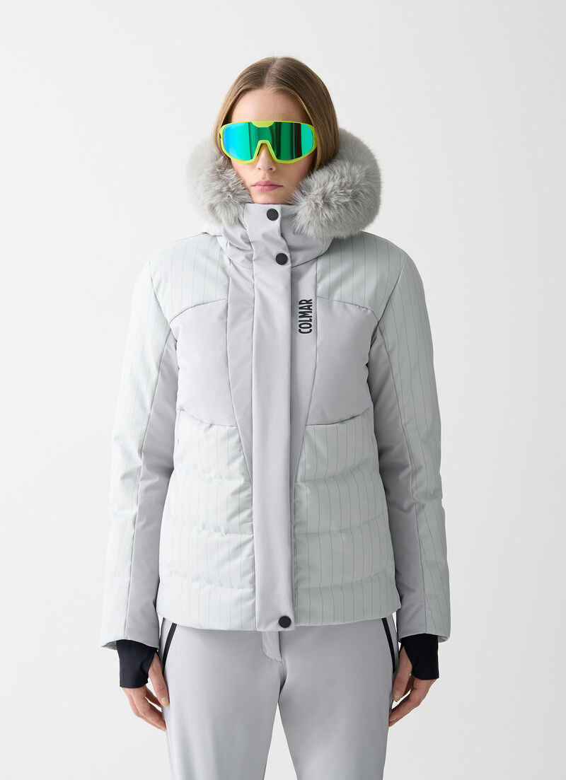 Sleek padded ski jacket with neck warmer and faux fur