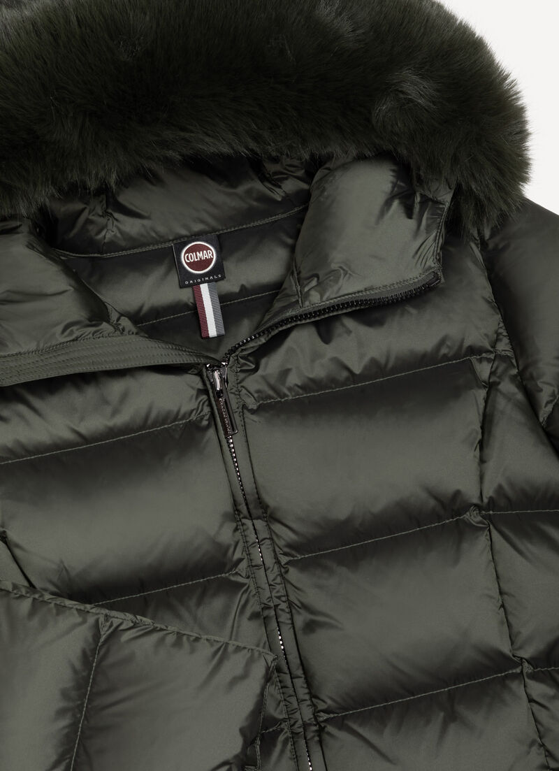 Long down jacket with faux fur