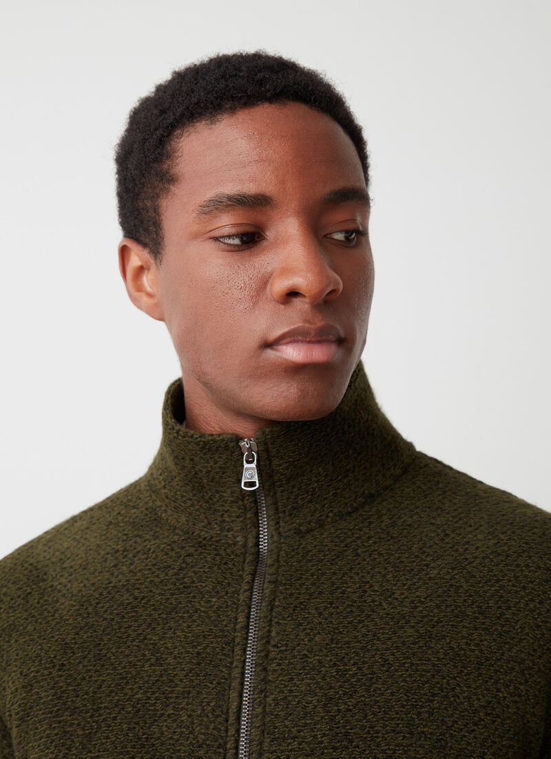Zip-up wool sweatshirt with knit effect