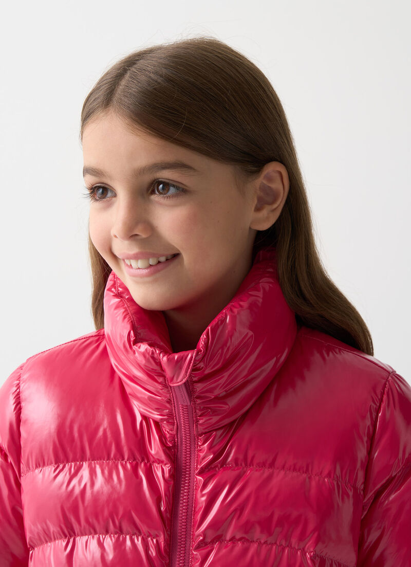 Glossy down jacket with high collar