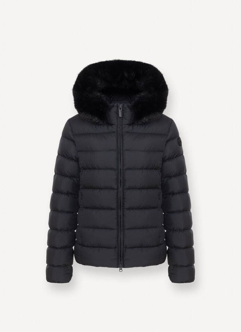 Opaque down jacket with faux fur