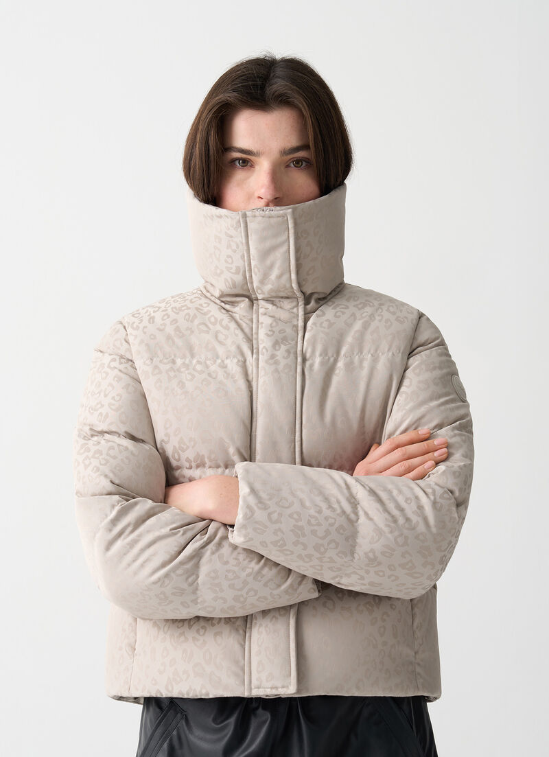 Animal-print down jacket with maxi-collar