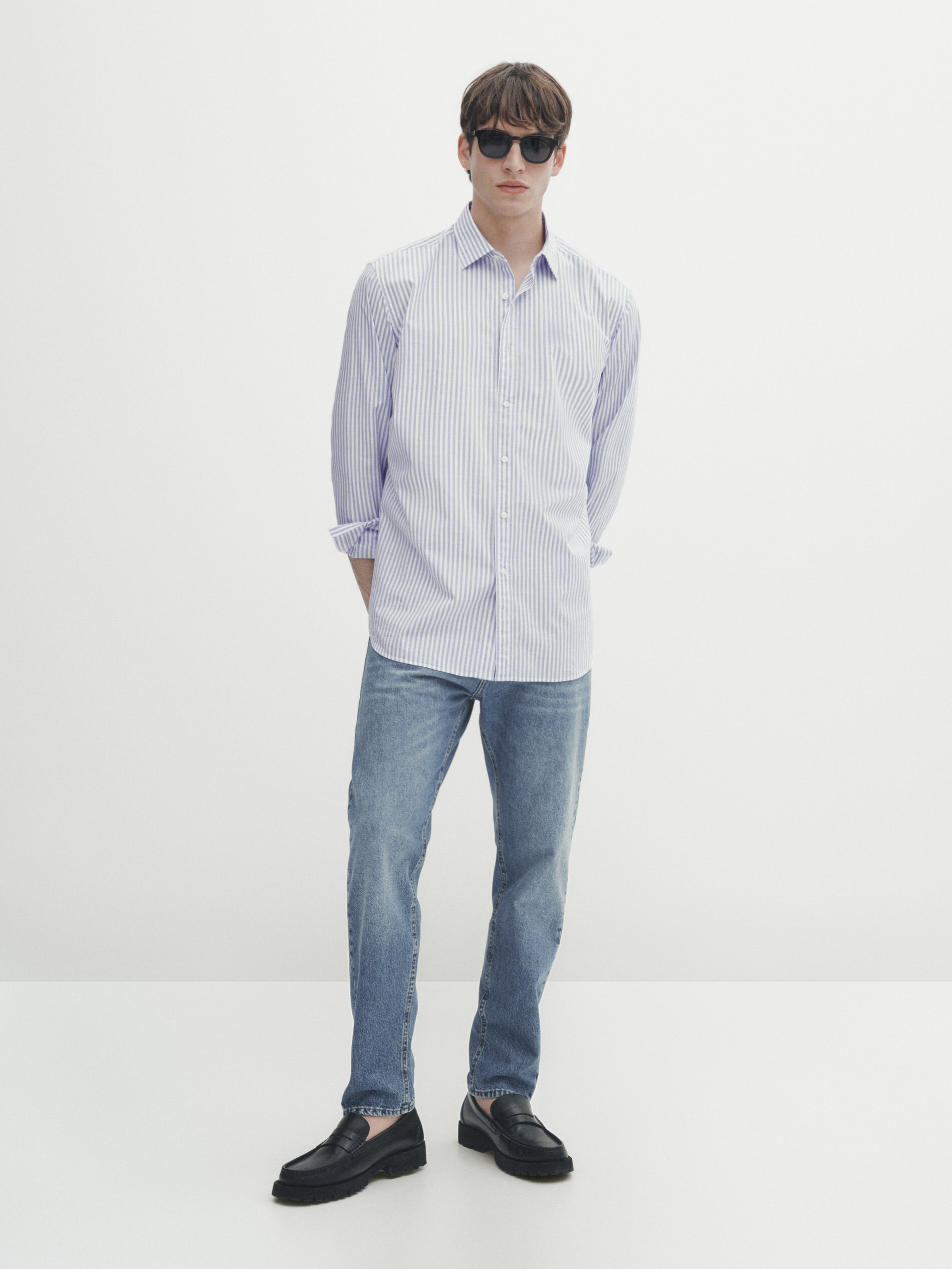 Camisa rayas algodón slim fit - CELESTE