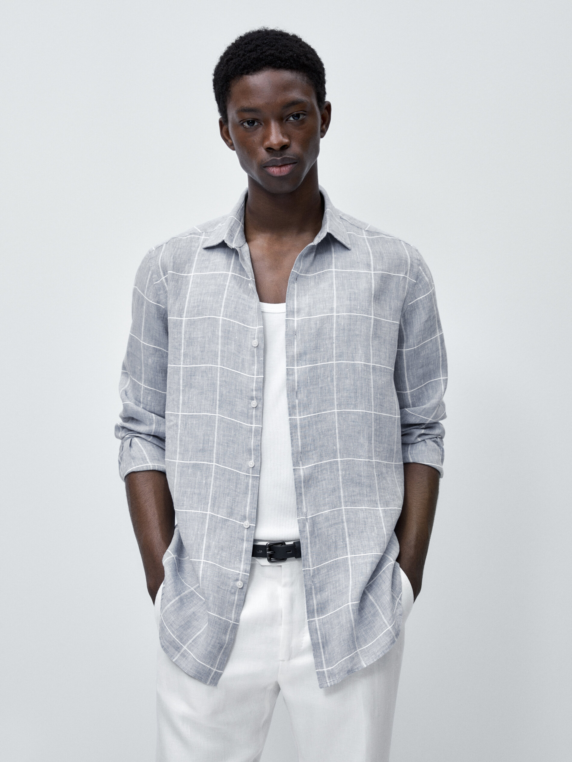 Camisa cuadros mezcla lino slim fit - CELESTE