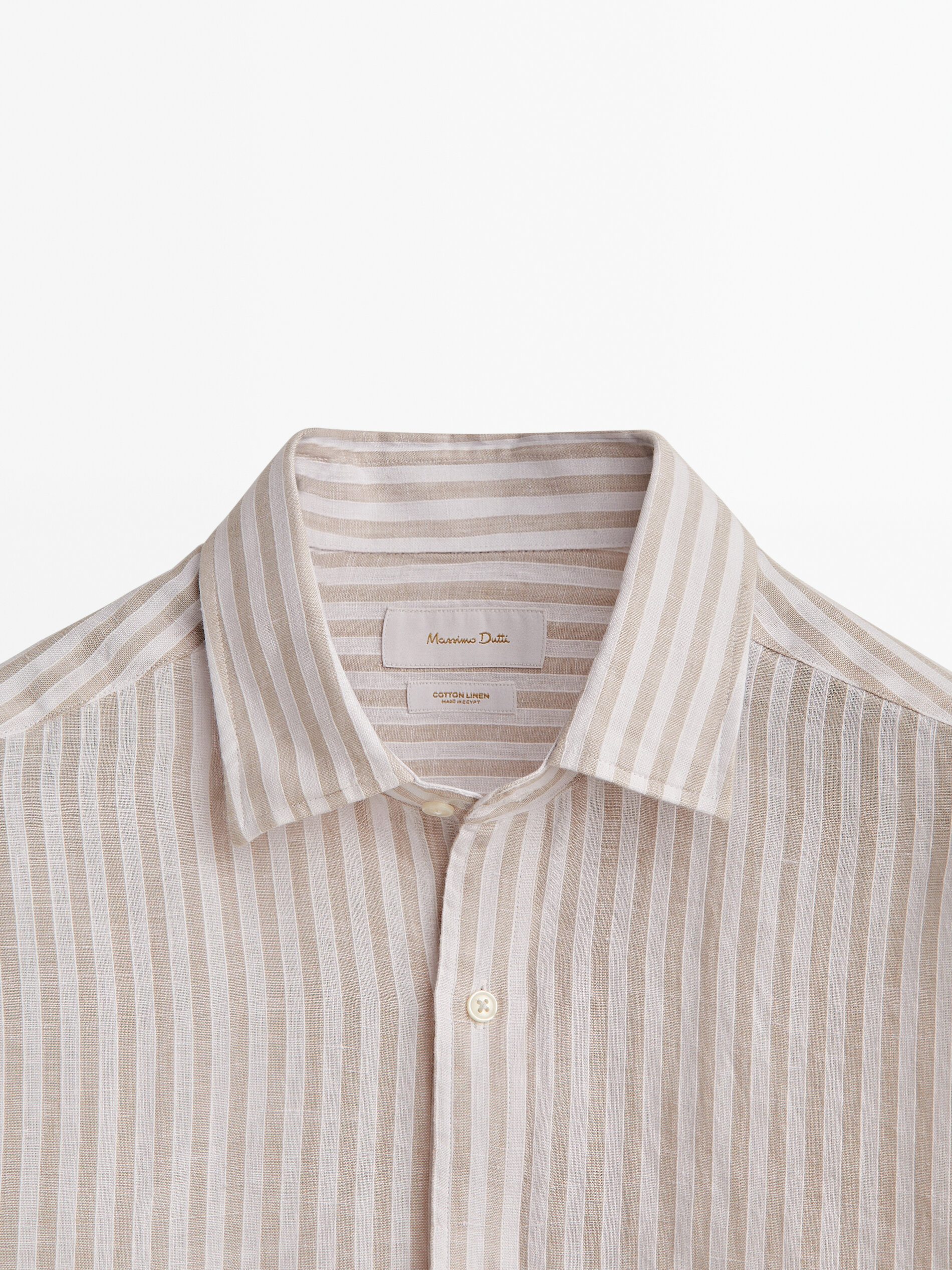 Camisa rayas mezcla lino algodón slim fit - BEIGE