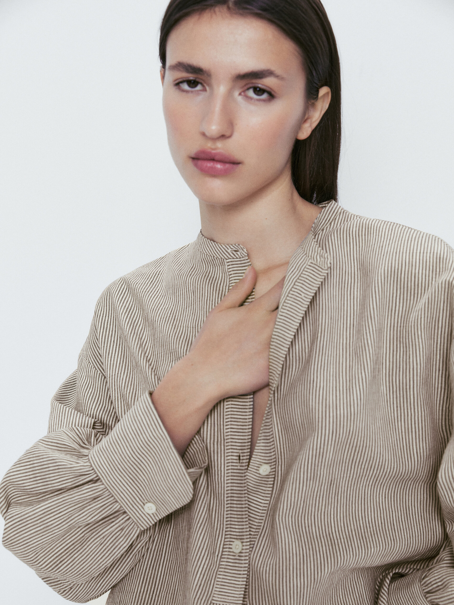 Camisa rayas manga volumen cuello mao - MARRÓN