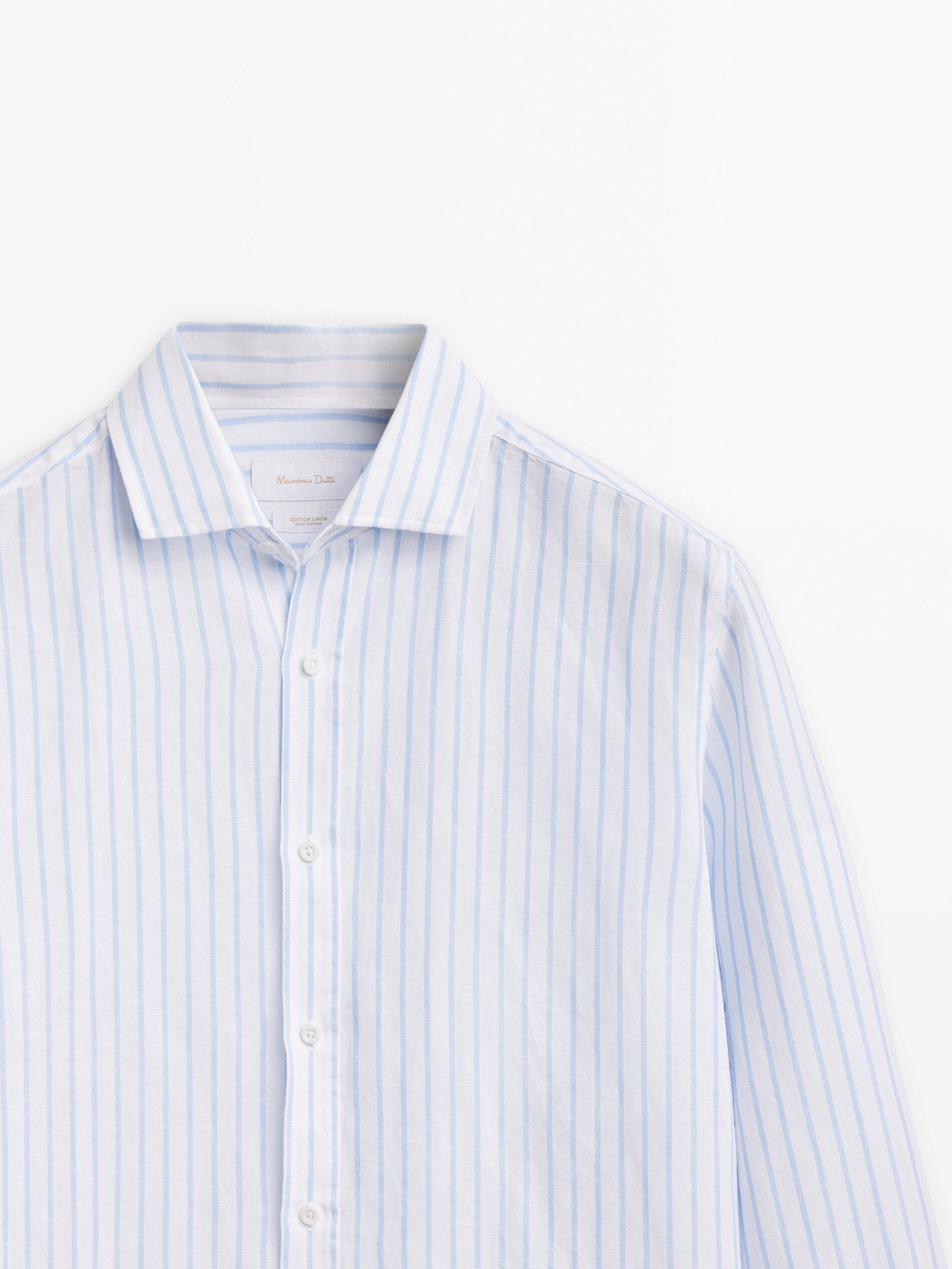 Camisa rayas con lino y algodón slim fit - CELESTE